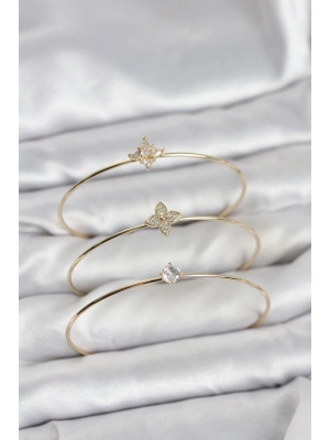 ® Zirkon Taşlı Gold Renk Yonca Model 3lü Kadın Bileklik Kombini