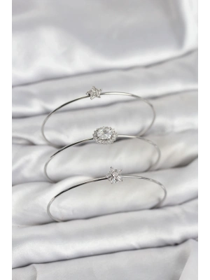 ® Zirkon Taşlı Gümüş Renk Tek Taş Model 3lü Kadın Bileklik Kombini