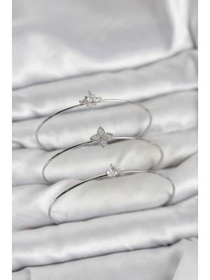 ® Zirkon Taşlı Gümüş Renk Yonca Model 3lü Kadın Bileklik Kombini