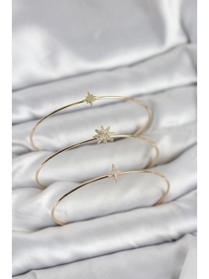 ® Zirkon Taşlı Kutup Yıldızı Model Gold Renk 3lü Kadın Bileklik Kombini