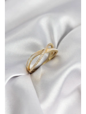 ® Zirkon Taşlı Sarmal Sedefli Gold Renk Kadın Yüzük