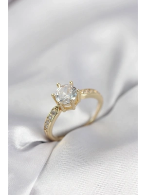 ® Zirkon Taşlı Tek Taş Model Gold Renk Kadın Yüzük