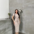 Kuşaklı mdl esnek kumaşlı elbise bej pt