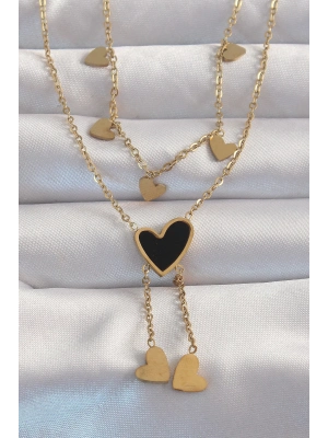 316L Çelik Gold Renk Mineli Çoklu Kalp Kolye