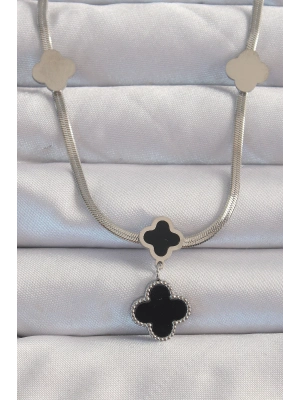 316L Çelik Gümüş Renk İtalyan Zincirli Mineli Yonca Kolye