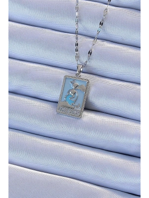 316L Çelik Zincir Gümüş Renk Mavi Mineli Tarot Kolye