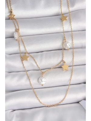 ® 316L Çelik Gold Renk 2Li Zincir Sallantı Yıldız İnci Model Kadın Kolye
