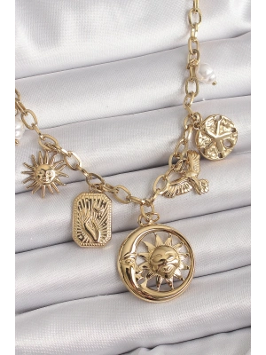 ® 316L Çelik Gold Renk Halka Zincir Sallantı Ay Güneş Figür Kuş Detay Kadın Kolye