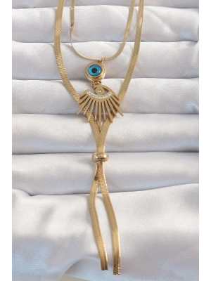 ® 316L Çelik Gold Renk Zirkon Taşlı Göz Detay Nazarlı Uzun Asansör Model Kolye