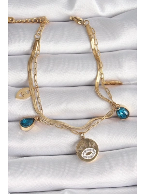 ® 316L Çelik Gold Renk Zirkon Taşlı Göz İşleme Figür Kadın Bileklik