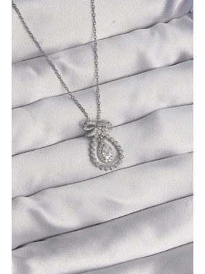 ® 316L Çelik Gümüş Renk Fiyonk Detaylı Zirkon Taşlı Damla Model Kolye