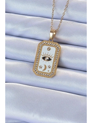 ® 316L Çelik Zincir Altın Renk Mineli Zirkon Taşlı Göz Figür Tarot Kolye