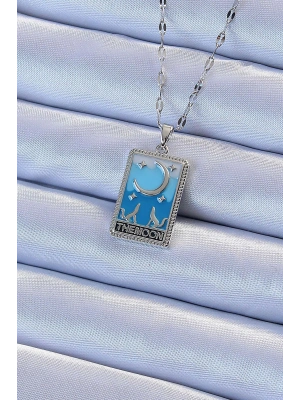 ® 316L Çelik Zincir Gümüş Renk Mavi Mineli Ay Figür Tarot Kolye