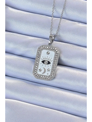 ® 316L Çelik Zincir Gümüş Renk Mineli Zirkon Taşlı Göz Figür Tarot Kolye