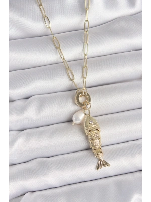 ® İnci Detaylı Zirkon Taşlı Balık Figürlü Gold Renk Pirinç Kolye