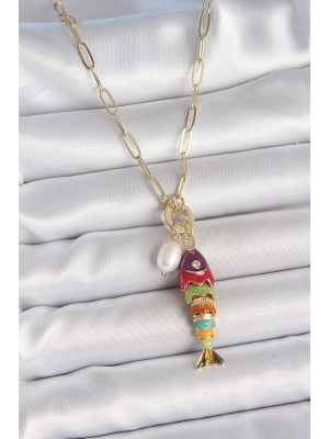 ® İnci Detaylı Zirkon Taşlı Rainbow Balık Figürlü Gold Renk Pirinç Kolye