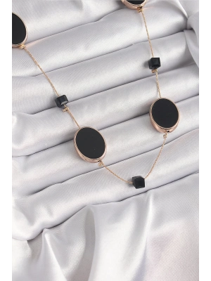 ® Pirinç Gold Renk Siyah Renk Oval Siyah Küp Detay Kadın Kolye