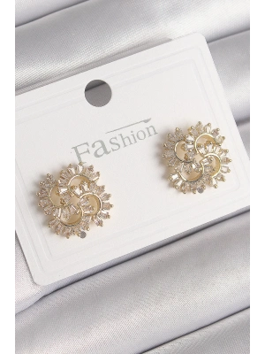 ® Pirinç Gold Renk Zirkon Taşlı Yonca Model Kadın Küpe