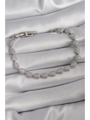 ® Pirinç Gümüş Renk Zirkon Taşlı Damla Model VIP Seri Kadın Bileklik