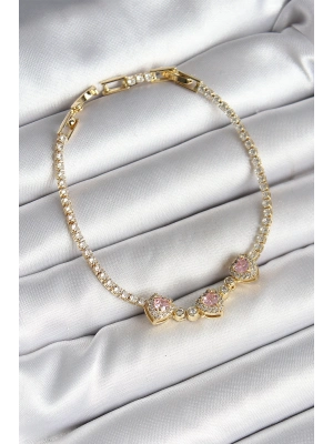 ® Pirinç Sıralı Pembe Kalp Figürlü Zirkon Taşlı Gold Renk Kadın Bileklik
