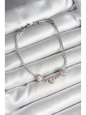 ® Pirinç Sıralı Pembe Kalp Figürlü Zirkon Taşlı Gümüş Renk Kadın Bileklik