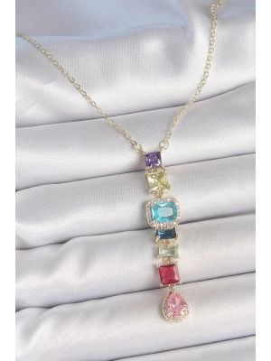 Gold Karışık Renk Zirkon Taşlı Y Pirinç Kolye