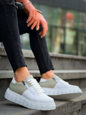 KB-X155  Beyaz Cilt Gri Süet Detaylı Beyaz Yüksek Taban Günlük Spor Ayakkabı