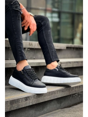 KB-X155  Siyah Cilt Detaylı Beyaz Yüksek Taban Günlük Spor Ayakkabı