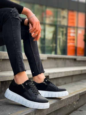 KB-X155  Siyah Cilt Siyah Süet Detaylı Beyaz Yüksek Taban Günlük Spor Ayakkabı
