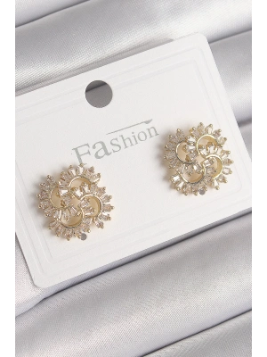 Pirinç Gold Renk Zirkon Taşlı Yonca Model Kadın Küpe