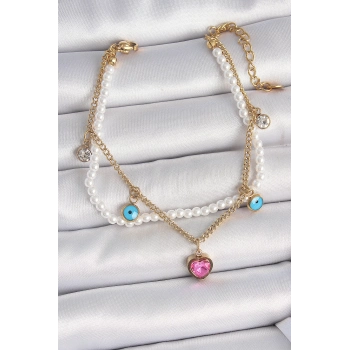 316L Çelik Gold Renk 2Li İncili Zincir Sallantı Pembe Kalp Model Nazar Boncuk Detay Kadın Bileklik