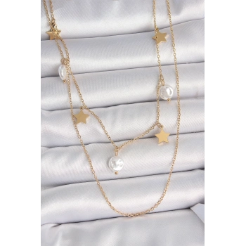 316L Çelik Gold Renk 2Li Zincir Sallantı Yıldız İnci Model Kadın Kolye