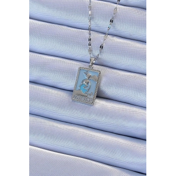 316L Çelik Zincir Gümüş Renk Mavi Mineli Tarot Kolye