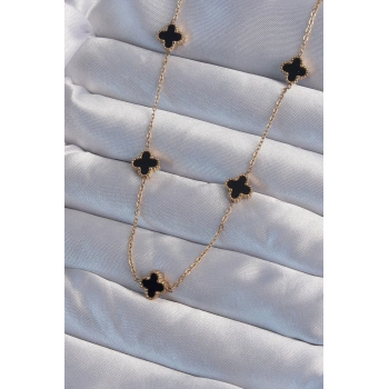 ÇOK SATAN BFS 316L Çelik Gold Renk Minimal Siyah Mineli Yonca Kolye