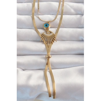 ÇOK SATAN BFS 316L Çelik Gold Renk Zirkon Taşlı Göz Detay Nazarlı Uzun Asansör Model Kolye