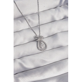 ÇOK SATAN BFS 316L Çelik Gümüş Renk Fiyonk Detaylı Zirkon Taşlı Damla Model Kolye