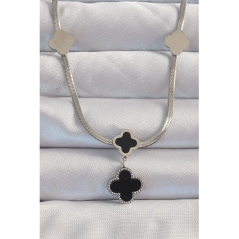 ÇOK SATAN BFS 316L Çelik Gümüş Renk İtalyan Zincirli Mineli Yonca Kolye