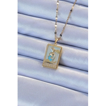 ÇOK SATAN BFS 316L Çelik Zincir Altın Renk Mavi Mineli Tarot Kolye