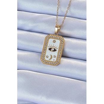 ÇOK SATAN BFS 316L Çelik Zincir Altın Renk Mineli Zirkon Taşlı Göz Figür Tarot Kolye