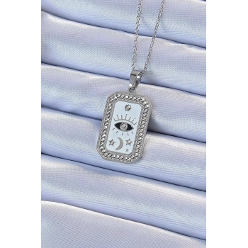 ÇOK SATAN BFS 316L Çelik Zincir Gümüş Renk Mineli Zirkon Taşlı Göz Figür Tarot Kolye