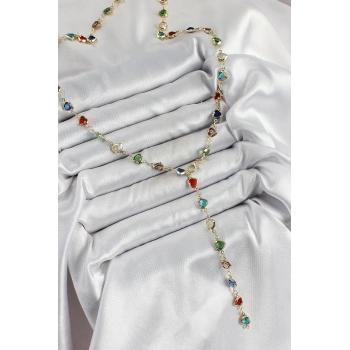 ÇOK SATAN BFS Pirinç Gold Renk Karışık Renk Zirkon Taşlı Kalpli Y Kadın Kolye