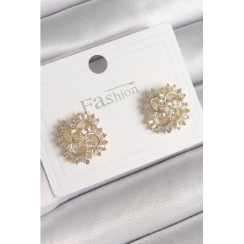 ÇOK SATAN BFS Pirinç Gold Renk Zirkon Taşlı Yonca Model Kadın Küpe