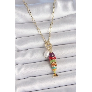 İnci Detaylı Zirkon Taşlı Rainbow Balık Figürlü Gold Renk Pirinç Kolye