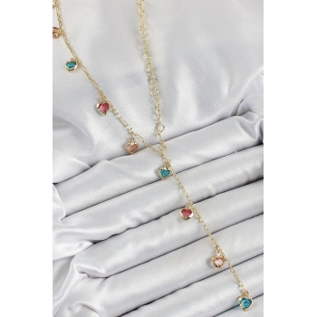 Pirinç Asorti Kalp Model Gold Renk Zirkon Taşlı Y Kolye