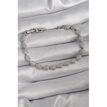 Pirinç Gümüş Renk Zirkon Taşlı Damla Model VIP Seri Kadın Bileklik