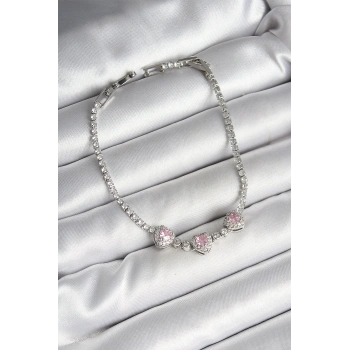 Pirinç Sıralı Pembe Kalp Figürlü Zirkon Taşlı Gümüş Renk Kadın Bileklik