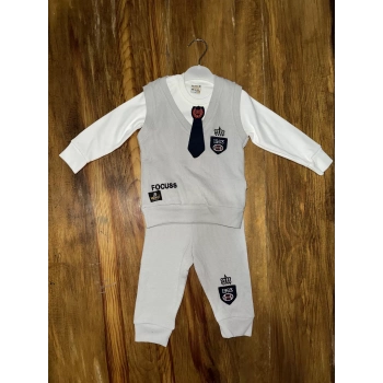 TAVSİYE EDİLEN GÜVENLİ SATICI 6-24 aylık kravatlı üçlü takım gri