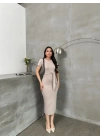 Kuşaklı mdl esnek kumaşlı elbise bej pt