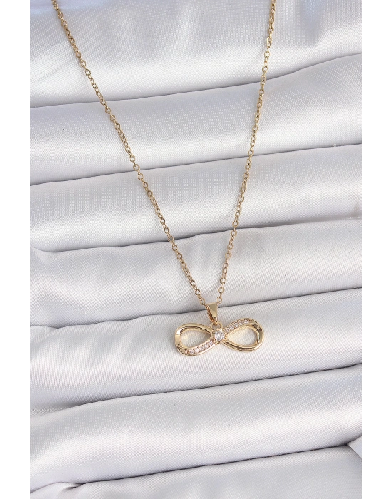 316L Çelik Gold Renk Zincir Zirkon Taşlı Sonsuzluk Model Kadın Kolye