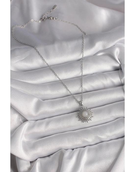 316L Çelik Gümüş Renk Zincir Beyaz Mineli Güneş Model Kadın Kolye